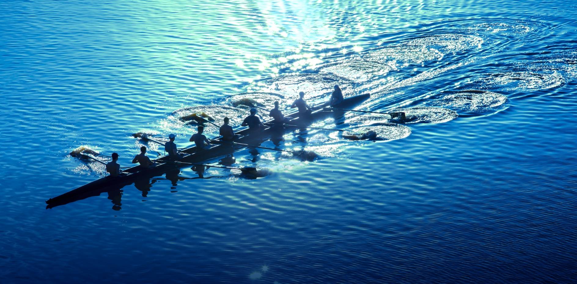 Row team in water with sun glare