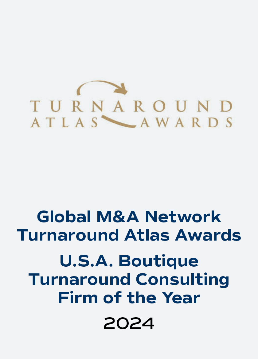 Turnaround Atlas Awards logo with gold arrows. Text below reads "Global M&A Network Turnaround Atlas Awards, U.S.A. Boutique Turnaround Consulting Firm of the Year, 2024."