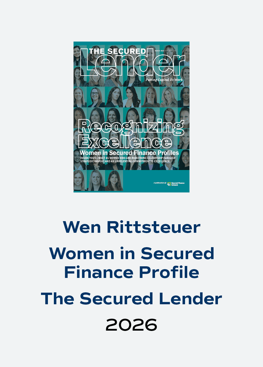 The cover of "The Secured Lender" magazine features portraits of women in a grid pattern. Below, text reads "Wen Rittsteuer, Women in Secured Finance Profile, The Secured Lender, 2026"