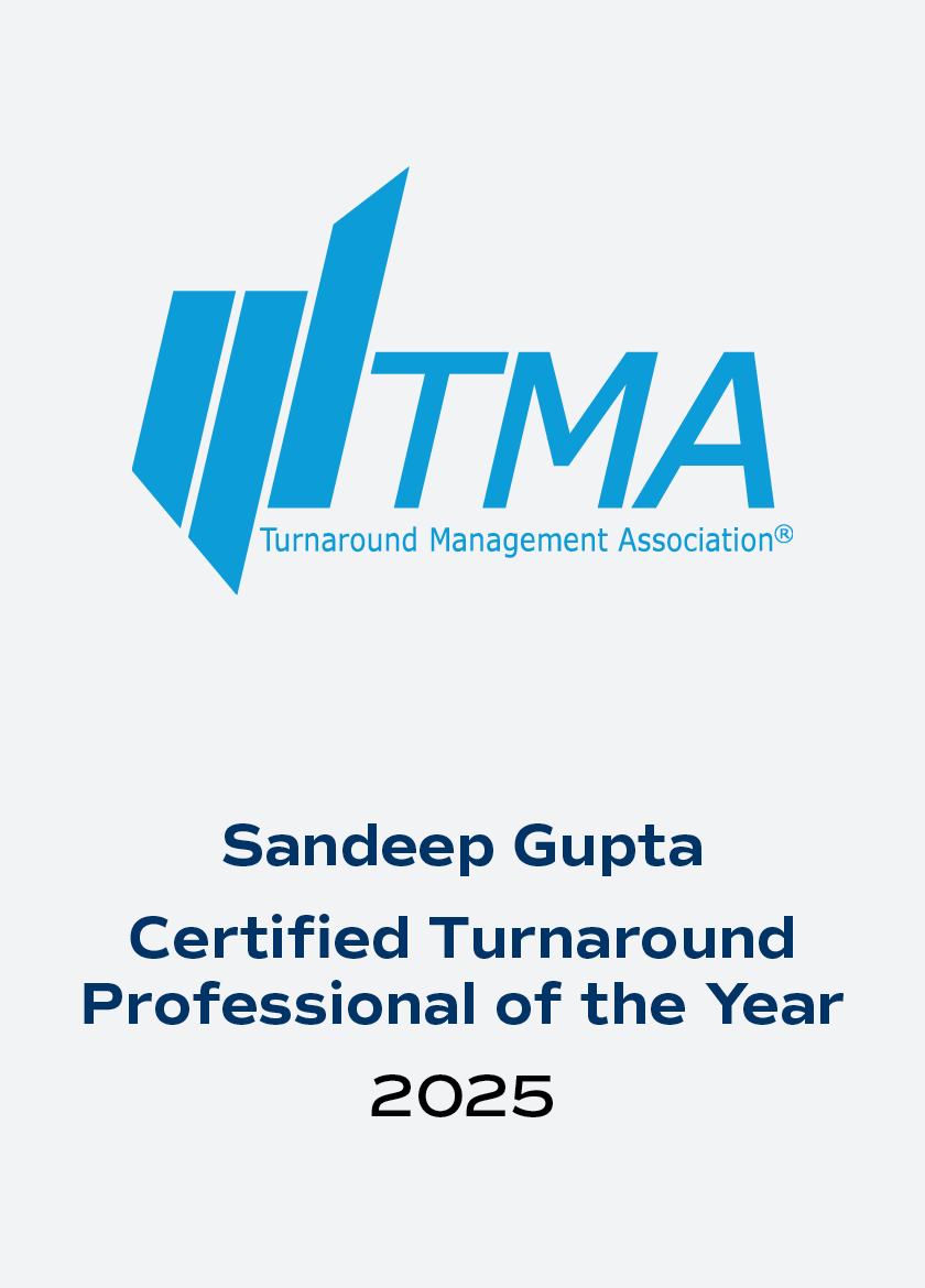 Logo of the Turnaround Management Association (TMA) above text reading "Sandeep Gupta, Certified Turnaround Professional of the Year, 2025"