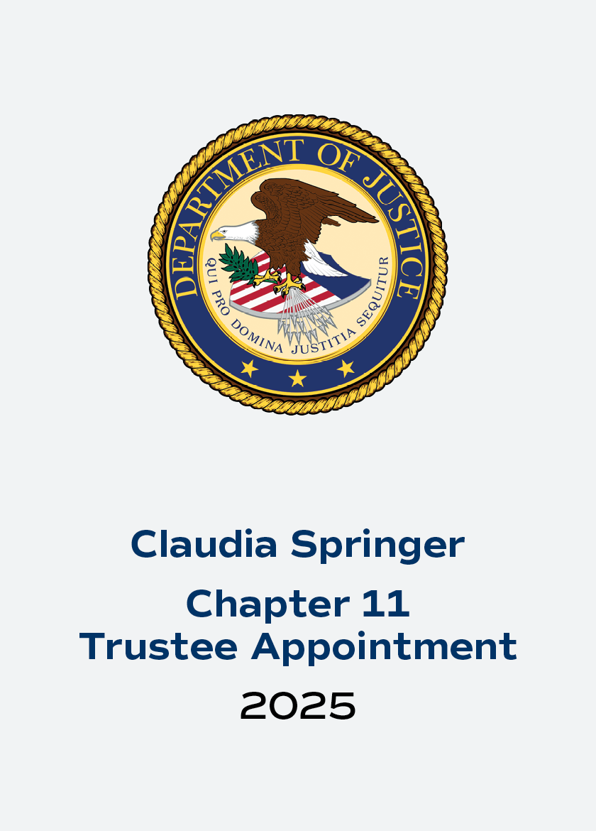 U.S. Department of Justice seal above the text "Claudia Springer, Chapter 11 Trustee Appointment, 2025."