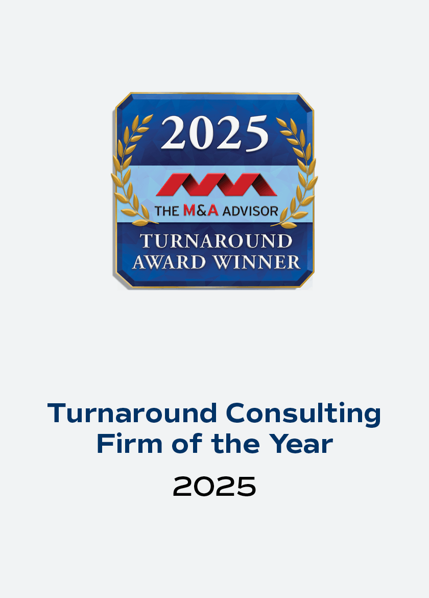 Award plaque for the 2025 M&A Advisor Turnaround Award Winner. Text below reads "Turnaround Consulting Firm of the Year 2025."
