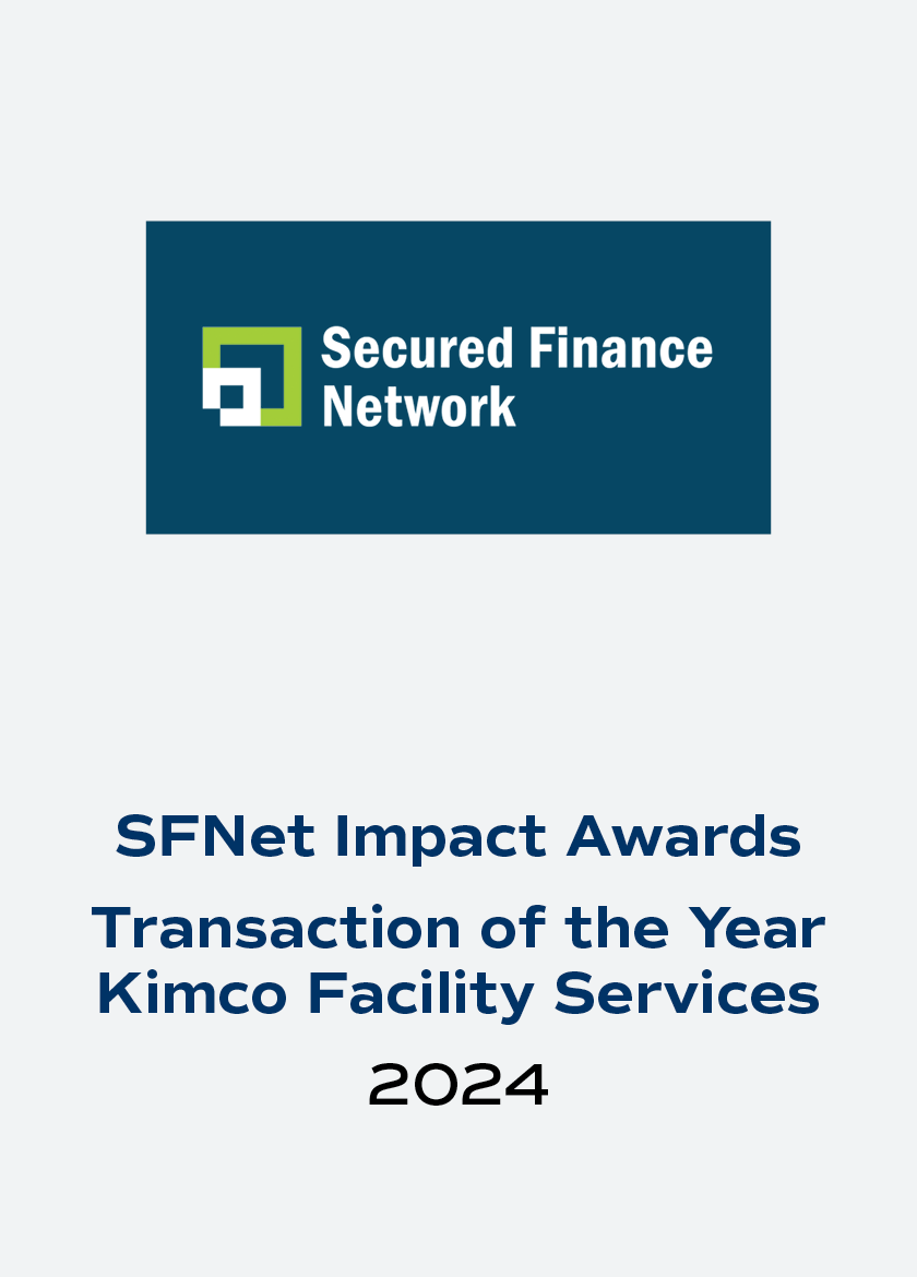 Logo of Secured Finance Network with blue and green design. Below, text reads: "SFNet Impact Awards, Transaction of the Year, Kimco Facility Services, 2024"