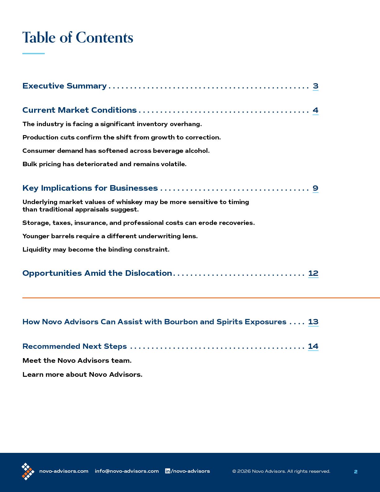 Novo Advisors Bourbon Industry Insights white paper table of contents